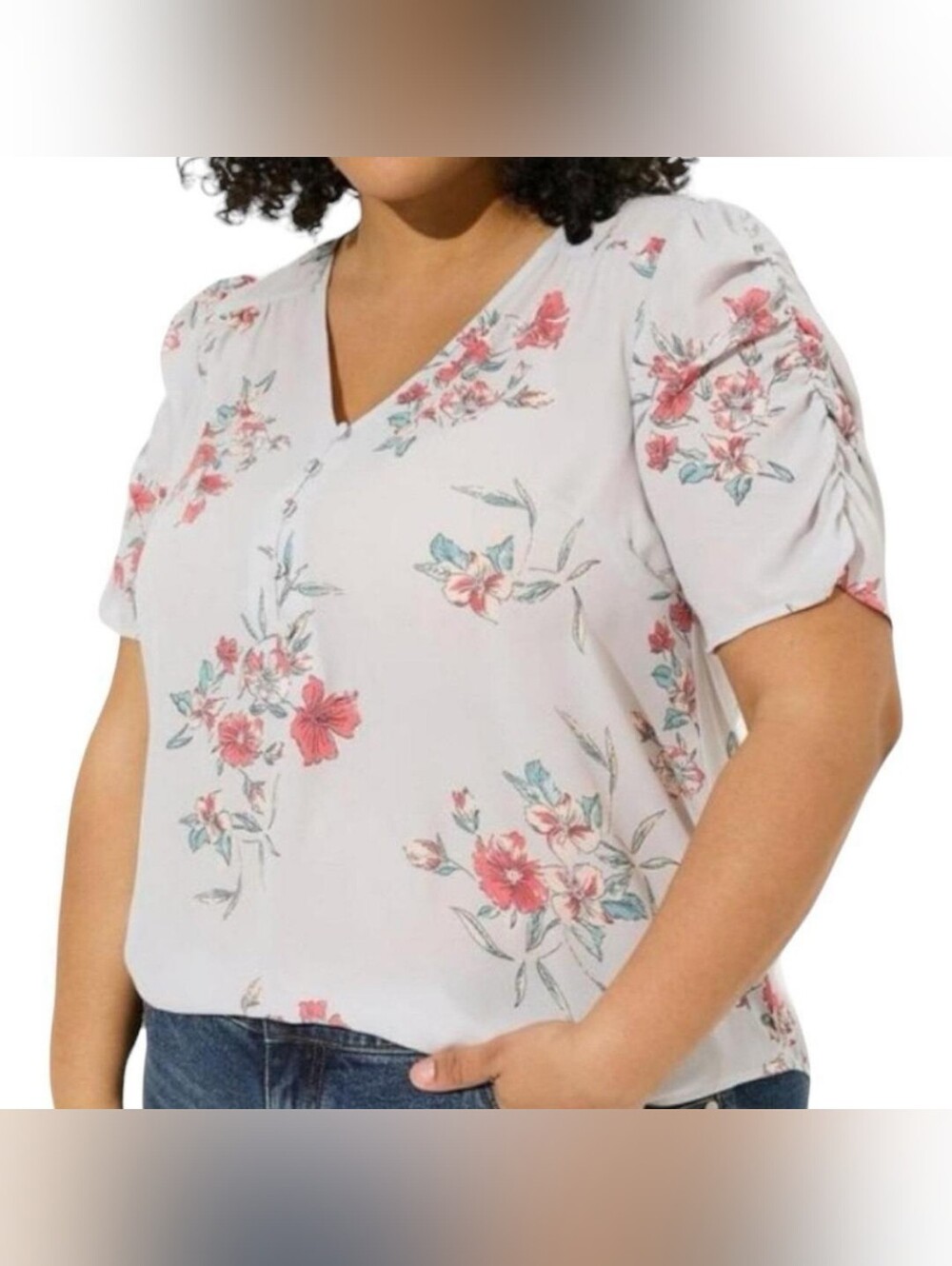 Torrid Floral V-Neck Puff Sleeve Blouse - Light Gray with Pink Floral Size 1- 1X